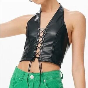 Revolve Vegan Leather Lace-Up Halter Moto Top – Size M
